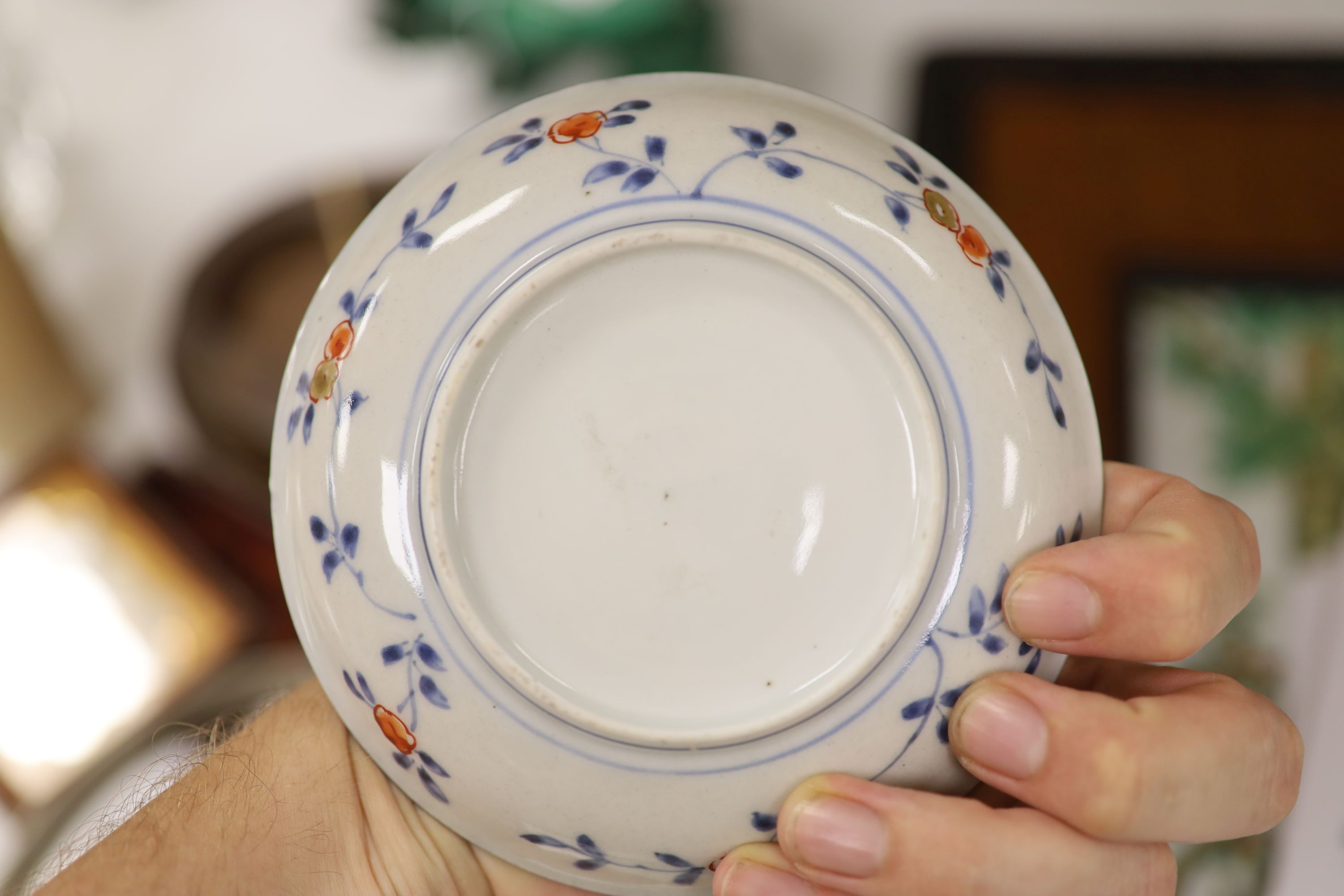 Three 18th century Chinese famille rose or Imari tea bowls together with five saucers